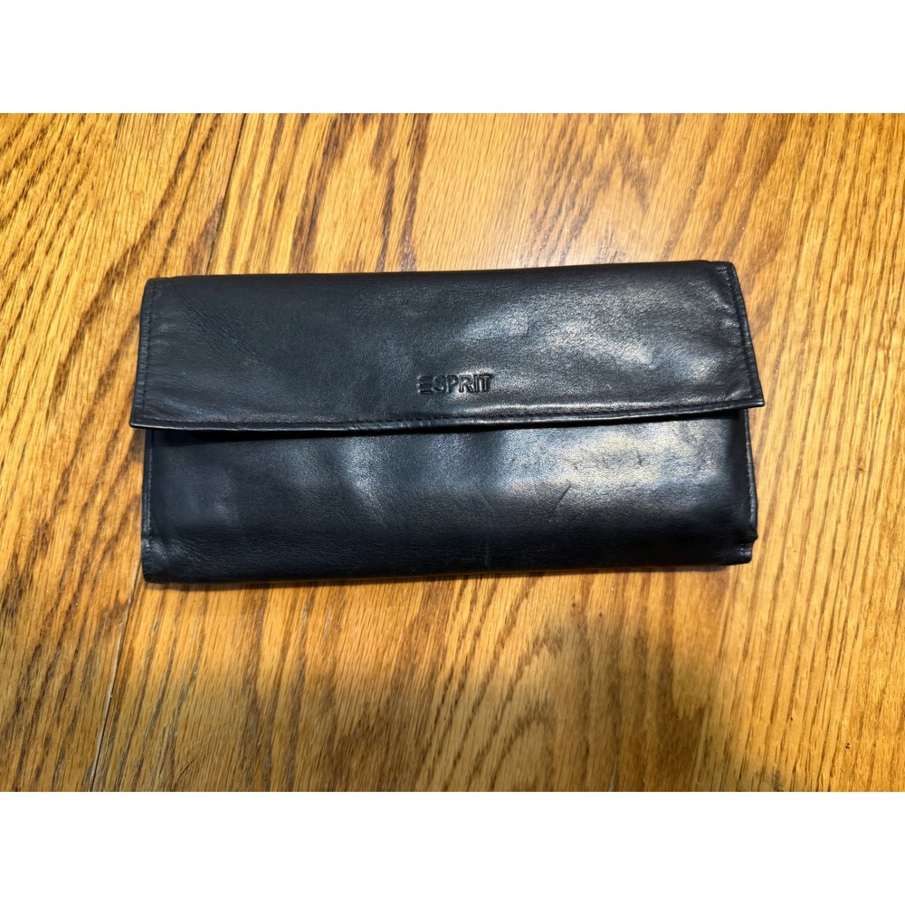 Vintage 90s Esprit Black Leather Trifold Continental Organizer Wallet